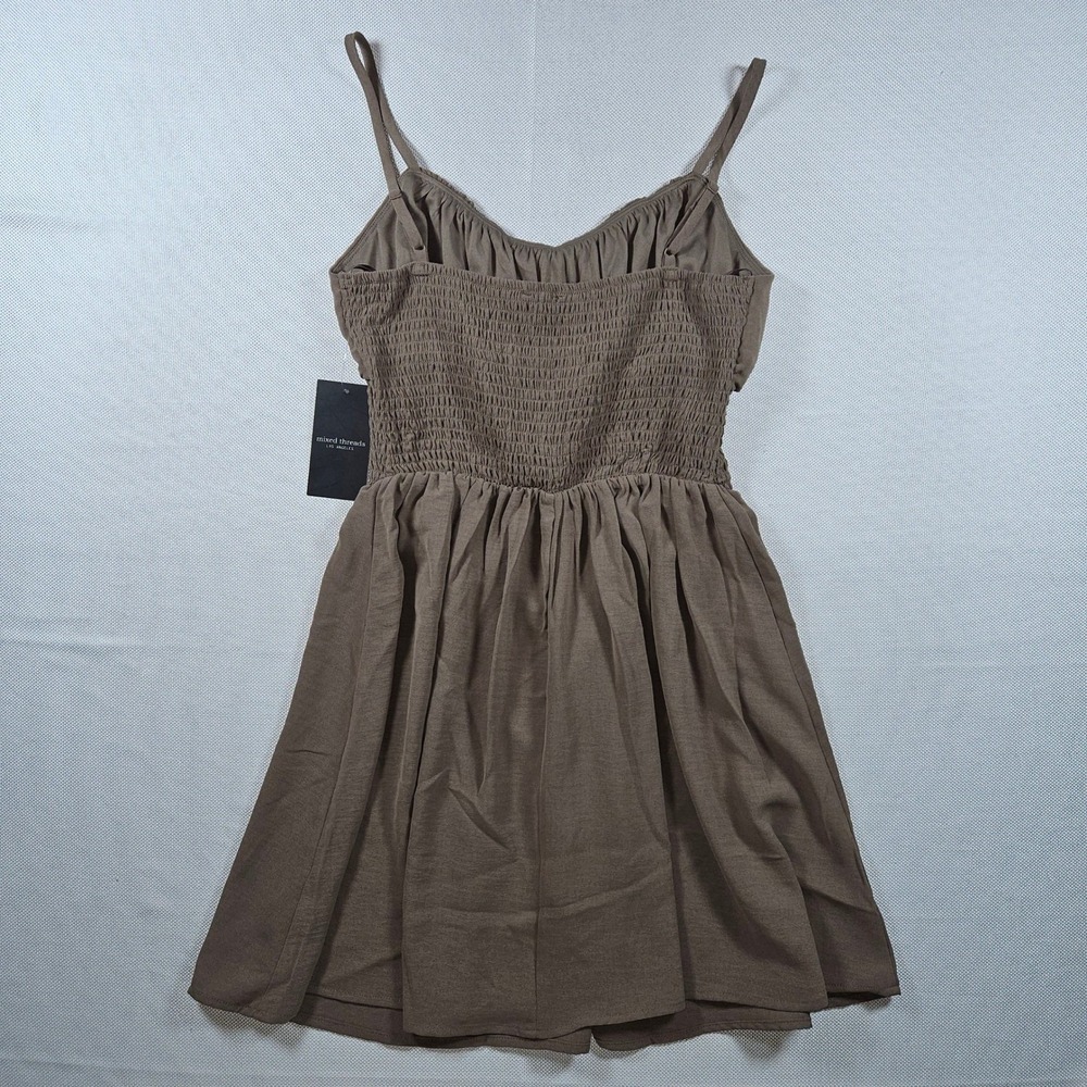 NWT Mixed Threads L A Brown Smocked Shirred Bodice Tie Neck Cami Mini Dress M - Picture 6 of 7